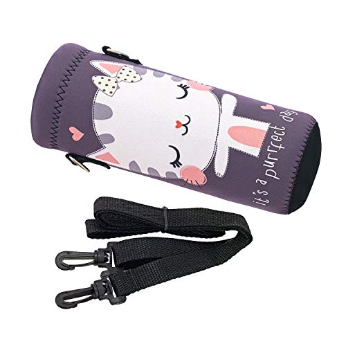 RICHEN Neoprene Water Bottle Carrier Bag with Adjustable Shoulder Strap,Insulated Water Bottle Cover for Stainless Steel/Glass/Plastic Bottles - color: Cute Cat, size: 500ml