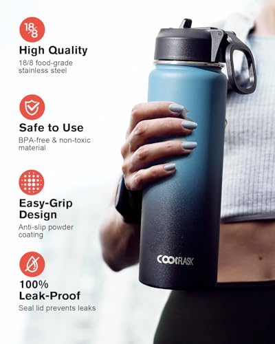 Coolflask 20 oz Insulated Water Bottle with Straw & 3 Leakproof Lids | Water Flask Stainless Steel Triple-Wall Vacuum, Cupholder Friendly, Cold 48+h, Dishwasher Safe, Non-BPA, for Gym & Hiking - color: Samurai Cyan, size: 20 Ounces