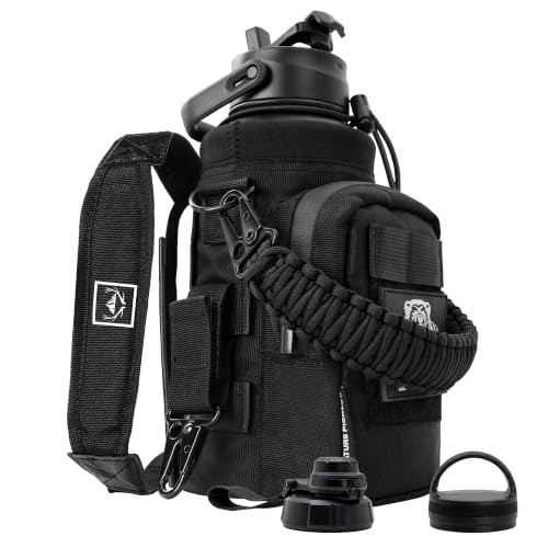 NATURE PIONEOR 32 oz Tactical Water Bottle with MOLLE Bottle Pouch & 3 Lids | 18/8 Food-grade Stainless Steel, Double Vacuum Insulation, 3 Leak-proof Lids, Handle, Strap, Camping, Hiking, Gym, Work - color: Black, size: 32 Ounces