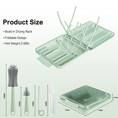 Baby Bottle Brush Set,6 in 1 Travel Silicone Bottle Cleaner Kit with Extendable Brush,Built-in Drying Rack,Nipple & Straw Brushes,Soap Dispenser & Organizer Case – Baby Shower Gift for New Moms - color: Green