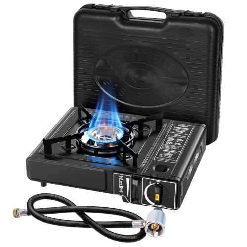 Dual Fuel Camping Stove 7800 BTU, Portable Propane Butane Burner | Overpressure Protection & Auto Shut-Off, Piezo Ignition, Precise Temp Control, Lightweight for Backpacking & Outdoor Cooking