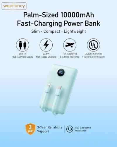 Mini Portable Charger with Built-in Cables 20W Fast Charging Power Bank USB-C Small Battery Pack 10000mAh Travel Essential Slim Battery for iPhone 17/16/15/14, Samsung 25/24, and More | with Built-in Cables Power Bank,USB-C Small Battery Pack Travel Essen