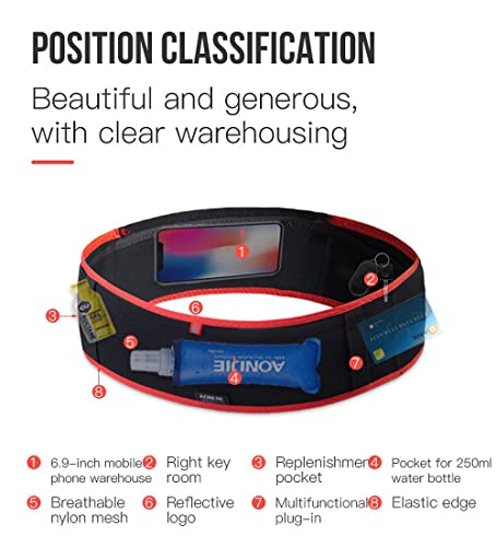 AONIJIE Running Belt Fanny Pack with 250ml Soft Water Bottle Flask for Women Men, Moisture Wicking Waist Pack Great for Marathon Climbing Jogging Cycling, for 6.8in Mobile Phone (Black Blue: S/M) - color: Black Blue: S/M