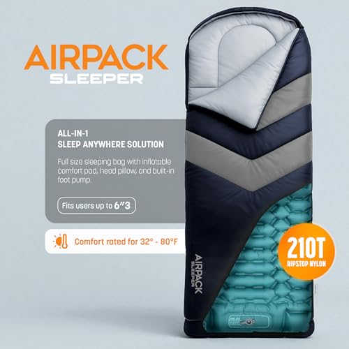 Sleeping Bag with Built-in Pad (AirPack Sleeper) - All-in-One Inflatable Sleeping Pad and Pillow for Camping with Built-in Foot Pump (Blue/Gray) 210x80cm - color: Blue