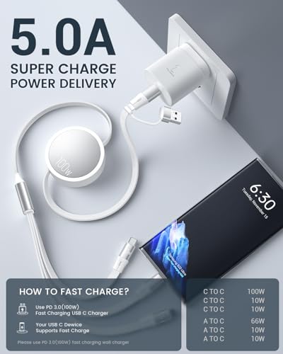 CAFELE Retractable Charging Cable, 100W USB C Fast Charger Cable 3 in 1 with [30-130cm] Adjustable Length, Multi-Port Cord for Laptop, Phone, Car, Travel - PD3.1/QC5.0（White） - color: White-4