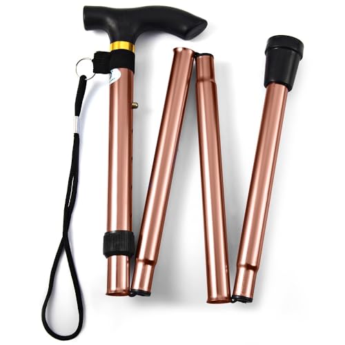 Folding Lightweight Walking Stick - Adjustable Aluminum Metal Collapsible Travel Cane with Non-Slip Rubber Base - color: Brown