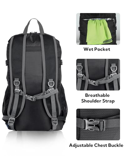 WATERFLY Lightweight Packable Hiking Backpack, 30L Day Pack | Foldable, Water Resistant Travel Daypack with Multiple Pockets, Wet Pocket, Ultralight Day Pack for Woman Man, Everyday Carry - color: Blue & Black