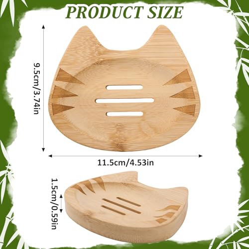 Bamboo Soap Dish Self Draining for Shower - Cute Cat Bamboo Soap Tray Holder Saver with Drainage, Natural Waterproof Decorative Tray for Bathroom, Kitchen, Sponges, Bath Tub, Shower, Sink - 1 Pack
