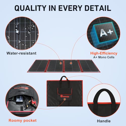DOKIO 200W Portable Foldable Solar Panel Kit for 12V Battery Charging | Folds to 20 x 27 in and weighs 9.7 lb; includes controller and dual USB; for 12V batteries, power stations and camping.
