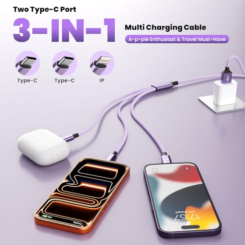 3 in 1 USB Cable with 2 USB-C/IP, Multi Charging Cable for Multiple Devices | USB C Splitter Cable, Multiple Phone Charger Cord for iPhone17-8, Androids iPad and More, Travel Car Accessories(1 Pack 4FT) - color: Purple, size: 1Pack 4 ft