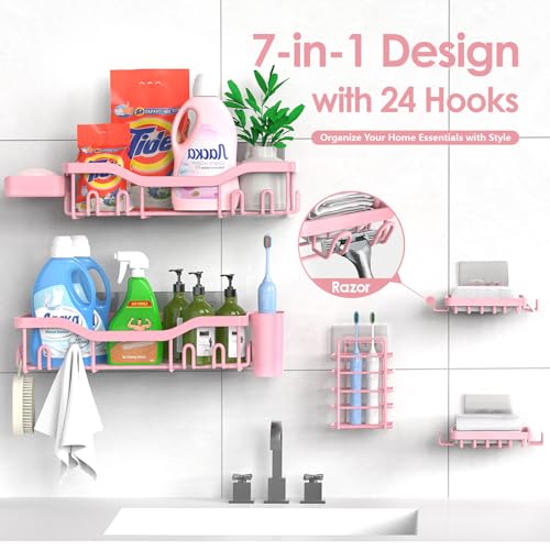 NESOMI Shower Caddy Adhesive Shower Organizer 7-Pack, Rustproof Stainless Steel Bathroom Shelves, Large Capacity No-Drill Rack Storage Accessories with Soap Dish Toothbrush Holder Hooks - color: Pink, size: 7-Piece Set