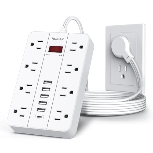 Power Strip with USB, HUNIAN Flat Plug Extension Cord, 5Ft, White | 8 Widely Spaced Outlets 6 USB Charger (1 USB C Port), Extension Cord with Multiple Outlets, Charging Station for Home, Office - color: White, size: 5FT