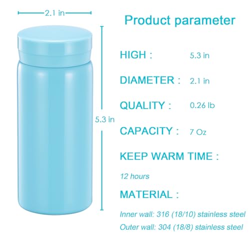 Mini Thermos Cute Water Bottle - 7 oz Tiny Insulated Vacuum 18/10 Stainless Steel Small Flask - Leak Proof & Spill Proof & Keeps Cold and Hot for Drink, Coffee, Tea - Light Blue - color: Light Blue, size: 6.8 Ounces
