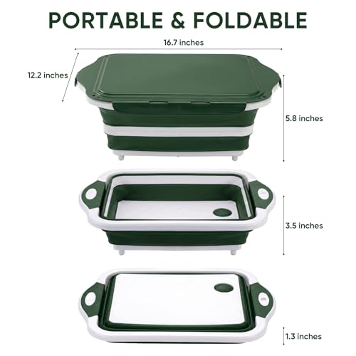 Collapsible BBQ Prep Tub with Lid, Foldable Camping Sink with Colander, Cutting Board, Dish Basin for Kitchen, Bowl, Vegetable and Fruit, Storage Basket for Picnic-Green - color: Green