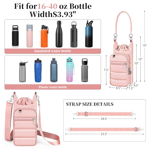 bvya Puffer Water Bottle Holder Quilted Sports Pouch Bag with Adjustable Shoulder Strap & Paracord Handle - color: Pink