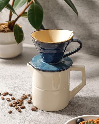 Pour Over Coffee Maker, Single Cup Ceramic Coffee Dripper, Reusable Filter Cone Drip Holder Slow Brewer with Hole Flat Bottom for Home, Office, Travel, Camping (Blue) - color: Blue