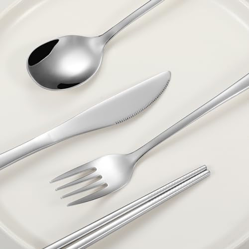 iNKULEER Travel cutlery set, 18/8 stainless steel cutlery, Reusable utensils set with case, Portable Silverware Lunch Box for Camping and Office-Stainless steel - color: White