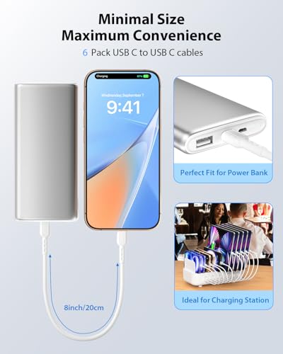 SOOPII 6-Pack Short USB C to USB C Cables,8 Inch/0.7Ft 60W Type C Fast Charging Cables,Compatible with lPhone,Galaxy,lPad,MacBook,Charging Station and Power Bank Accessory(White) - color: White, size: C to C-6P(60W)