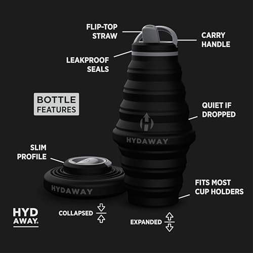 HYDAWAY 25oz Collapsible Water Bottle, Packable Leakproof for Travel | Large capacity design. Folds flat for carry-ons, day bags, hiking packs. Leakproof, BPA-free. - color: Midnight