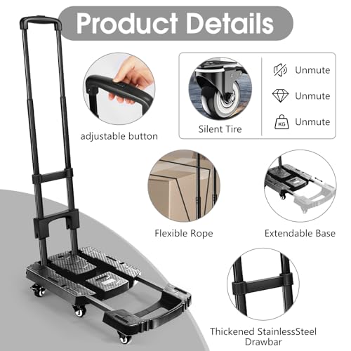 Voipvvii Folding Hand Truck 500lbs, Portable Heavy Duty Dolly Cart, 6 Wheels Collapsible Luggage Cart with 2 Elastic Ropes - Compact Trolley Cart for Easy Moving - Ideal Hand Cart for Travel and More - color: Black