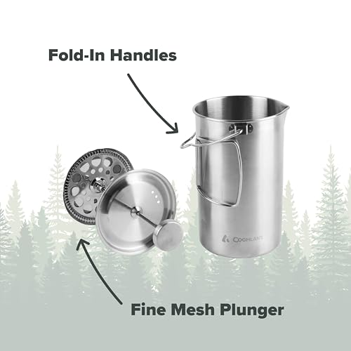 Coghlan's Stainless Steel French Press Coffee Maker – 4-Cup (32 oz), Campfire & Stovetop Safe, Portable & Durable – Fine Mesh Filter, Folding Handle, Dishwasher Safe – For Camping, Home, or Travel