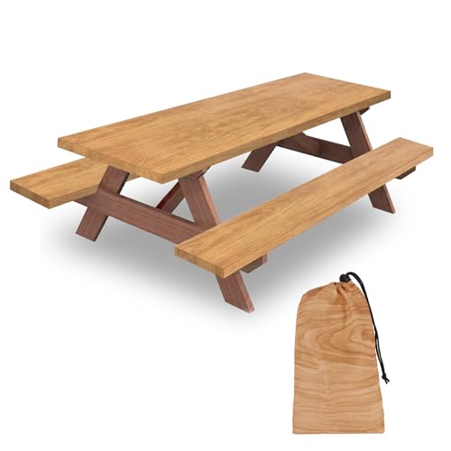 6ft 72in Picnic Table and Bench Cover, 3 Pack, Wood Grain | Drawstring Bag, Waterproof Windproof, Elastic Fitted Edges Tablecloth, for Rectangle Table & Seat, Camping Essentials RV Gear - color: Wood Grain, size: 72"