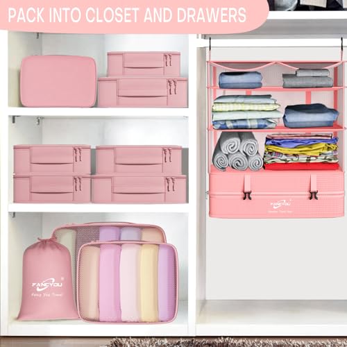 Compressible Packing Cubes Portable Hanging Closet Shelves 17"x12"x24" Extendable Travel Organizer Nylon Packing Bags for Suitcase - color: Pink