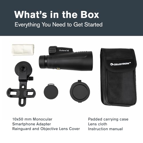 Celestron – Outland X 10x50 Monocular – Includes Smartphone Adapter – Large 50mm Objective Lens – Multi-Coated Optics – BaK-4 Prism –Waterproof & Fogproof – Tripod Adaptable – Belt Case Included - size: 10x50 Monocular