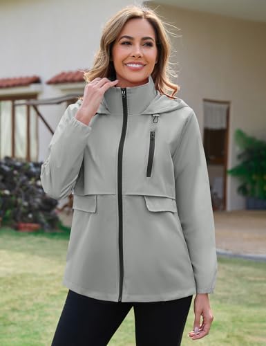 Avoogue Rain Jacket Women with Hooded Waterproof Raincoats - color: Grey, size: X-Large