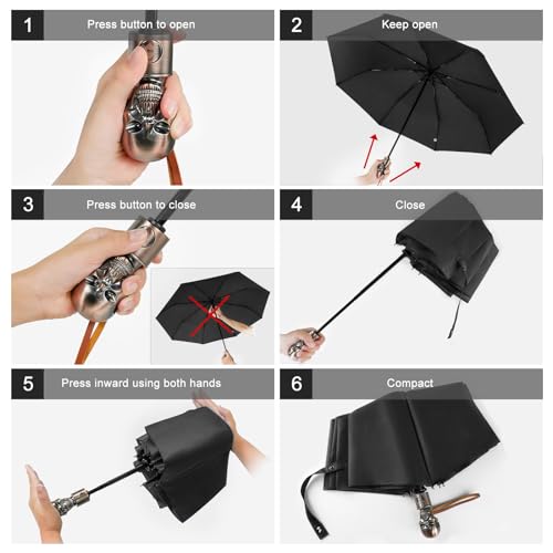 Skull Handle Windproof Travel Umbrella Compact Portable, Auto Open Close | Luxury Gothic Skull Grip with One-Touch Automatic Open, Wind Resistant and Sturdy for Rain, Lightweight to Carry Daily - color: 04.Black