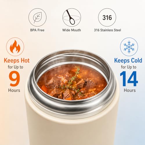 Thermo for Hot Food & Drinks, Thermo Lunch Box, 17oz Vacuum Insulated Food Container with Spoon&Drawstring Bag, Soup Thermo for Adults, White - color: White