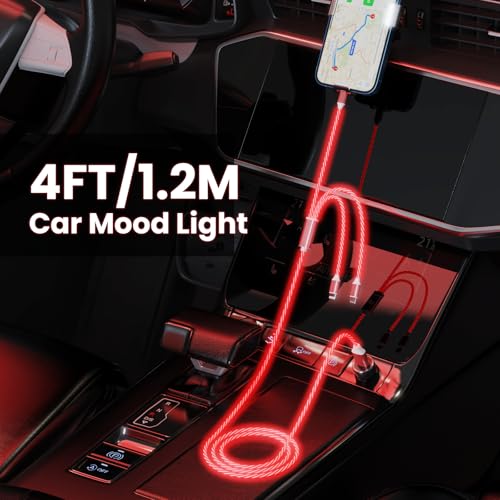 3-in-1 Light Up LED Flowing Lightning/Type C/Micro USB Car Glowing Charge Cable for iPhone,Red Multi RGB Car Charger Cord for Apple iPhone 15/14/13/12/11 Pro Max/XR/XS/SE,iPad/Android/Samsung-4FT - color: Red