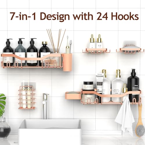 NESOMI Shower Caddy Adhesive Shower Organizer 7-Pack, Rustproof Stainless Steel Bathroom Shelves, Large Capacity No-Drill Rack Storage Accessories with Soap Dish Toothbrush Holder Hooks - color: Rose Gold, size: 7-Piece Set