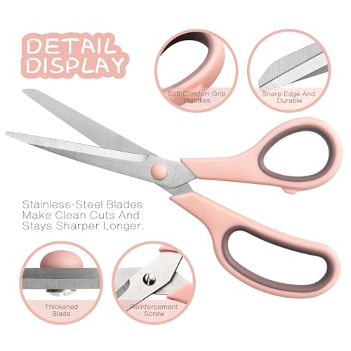LONGKEY 8.5" Pastel Scissors 3-Pack, Ultra Sharp Stainless Steel - color: Navy Blue, Pink, Brown
