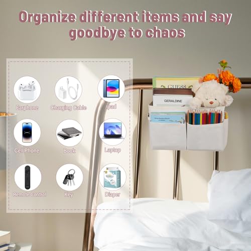 Bedside Caddy Organizer 5 Pockets and 4 Hooks for Bunk Bed White - color: White