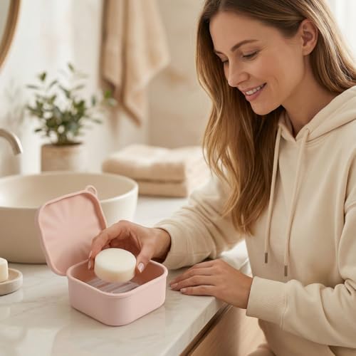 Silicone Travel Soap Case, Leak Proof Soap Dish Holder with Drainage, Shower Container for Kitsch Shampoo Bars & Standard Soaps Traveling Accessories for Gym Camping (Pink, Square) - color: Pink