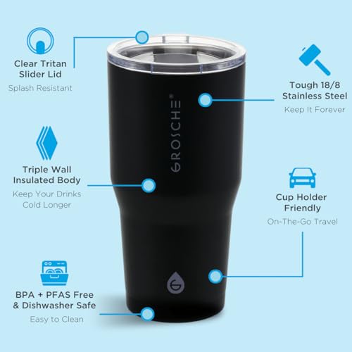 GROSCHE Yukon Triple Insulated Coffee Travel Mug with Lid - 20 oz Black - color: Black, size: 20 Ounces