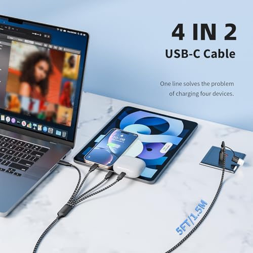 MPATIBY USB C Splitter Multi Charging Cable,USB A/C to USB C Charging Cord | 5FT 4 in 2 Multi Charger Cord with 4 Type-C Connectors Compatible with iP16/15/Cell Phones Tablets, Ideal for Travel, Cruises - color: Black+grey, size: 1Pack5FT