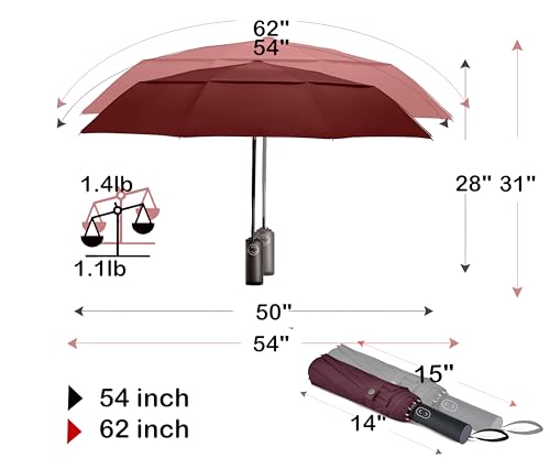 MRTLLOA Compact Golf Umbrella, 10 Ribs Vented Windproof Travel | 49/54/62 Inch Large Oversize, Double Canopy, Quick-Dry Fabric, Lightweight, Umbrellas for Rain - color: Burgundy, size: 62 Inch