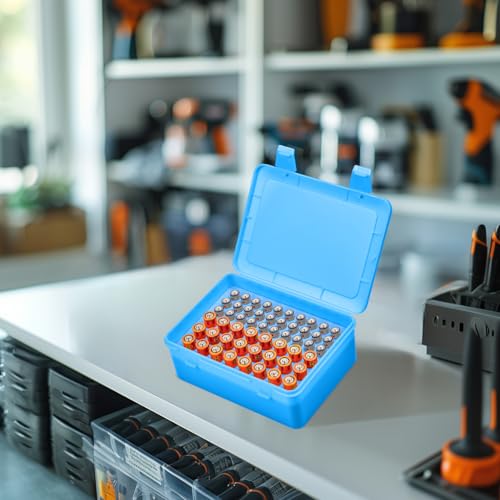 ALCYON Battery Organizer Box for 24 AA & 30 AAA Batteries-Blue | Plastic Box and Pre-Cut Foam Slots Keep Batteries Secure and Easy to Find, Locking Lid, Batteries Not Include - color: blue