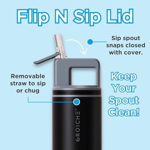 GROSCHE Alpine Flip N Sip Insulated Bottle Straw Lid, Graphite Black, 20 oz - color: Graphite Black, size: 20 Ounces