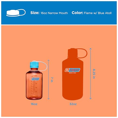 Nalgene 16 oz Narrow Mouth Water Bottle, Thrill & Motion, Flame w/Blue Atoll - color: Flame w/Blue Atoll, size: 16 Ounces