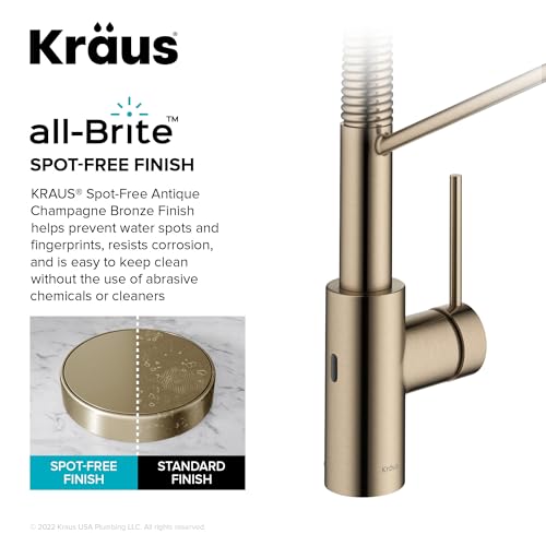 KRAUS Oletto Touchless Sensor Commercial Pull-Down Single Handle Kitchen Faucet with QuickDock Top Mount Assembly in Spot Free Antique Champagne Bronze, KSF-2631SFACB - color: Spot-Free Antique Champagne Bronze, style: Touchless Commercial Style