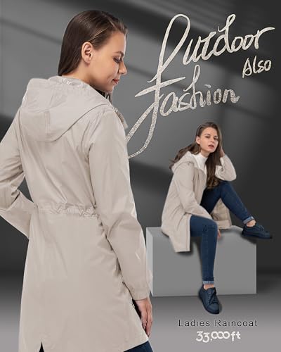 33,000ft Women's Waterproof Long Rain Coats Packable Rain Jacket with Hood Trench Coats Windbreaker - color: Beige, size: XX-Large