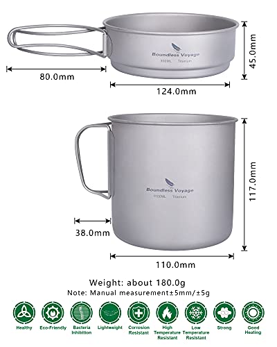 Boundless Voyage Camping Titanium Pot Pan Set with Folding Handles Outdoor Picnic Hiking Bowl Plate Mess Kit Tableware Cookware Ti2053C