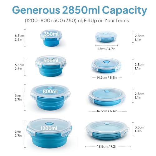 Collapsible Silicone Food Storage Containers with Lids, Set of 4 Sizes (12/17/27/40oz), Leakproof Collapsible Lunch Box, Microwave Freezer Dishwasher Safe, Space Saving for Camping RV Travel