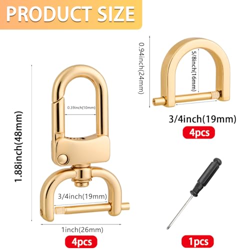 4pcs Detachable Snap Hook Swivel Clasp with 4pcs D-Rings Screw in Shackle for DIY Purse Strap Replacement (Gold,3/4 inch) - color: Gold, size: 3/4 inch