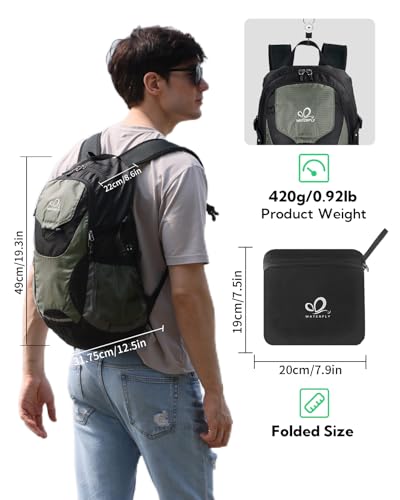WATERFLY Lightweight Packable Hiking Backpack, 30L Day Pack | Foldable, Water Resistant Travel Daypack with Multiple Pockets, Wet Pocket, Ultralight Day Pack for Woman Man, Everyday Carry - color: Black & Grey