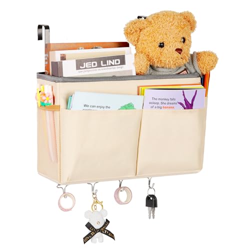 Bedside Caddy Organizer 5 Pockets and 4 Hooks for Bunk Bed Beige - color: Beige