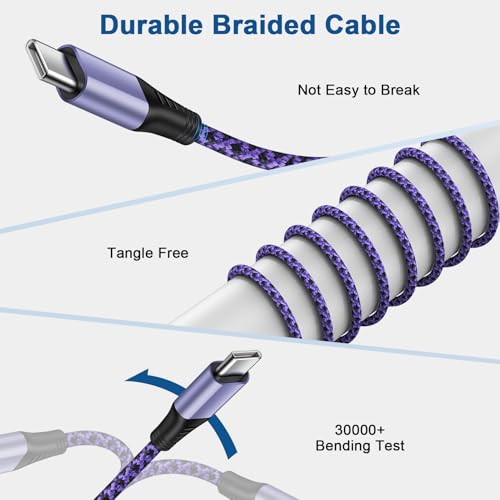 USB C to USB C Charger Braided Cable 60W 10ft Long Fast Charge Type C to Type C Charging Cord Wire for iPhone 17 Pro Max/17/16e/16 Pro Max/15/15 Pro/Samsung Galaxy S25 Edge/S24/S23/S22/S20/A17/A16/A56 - color: Purple